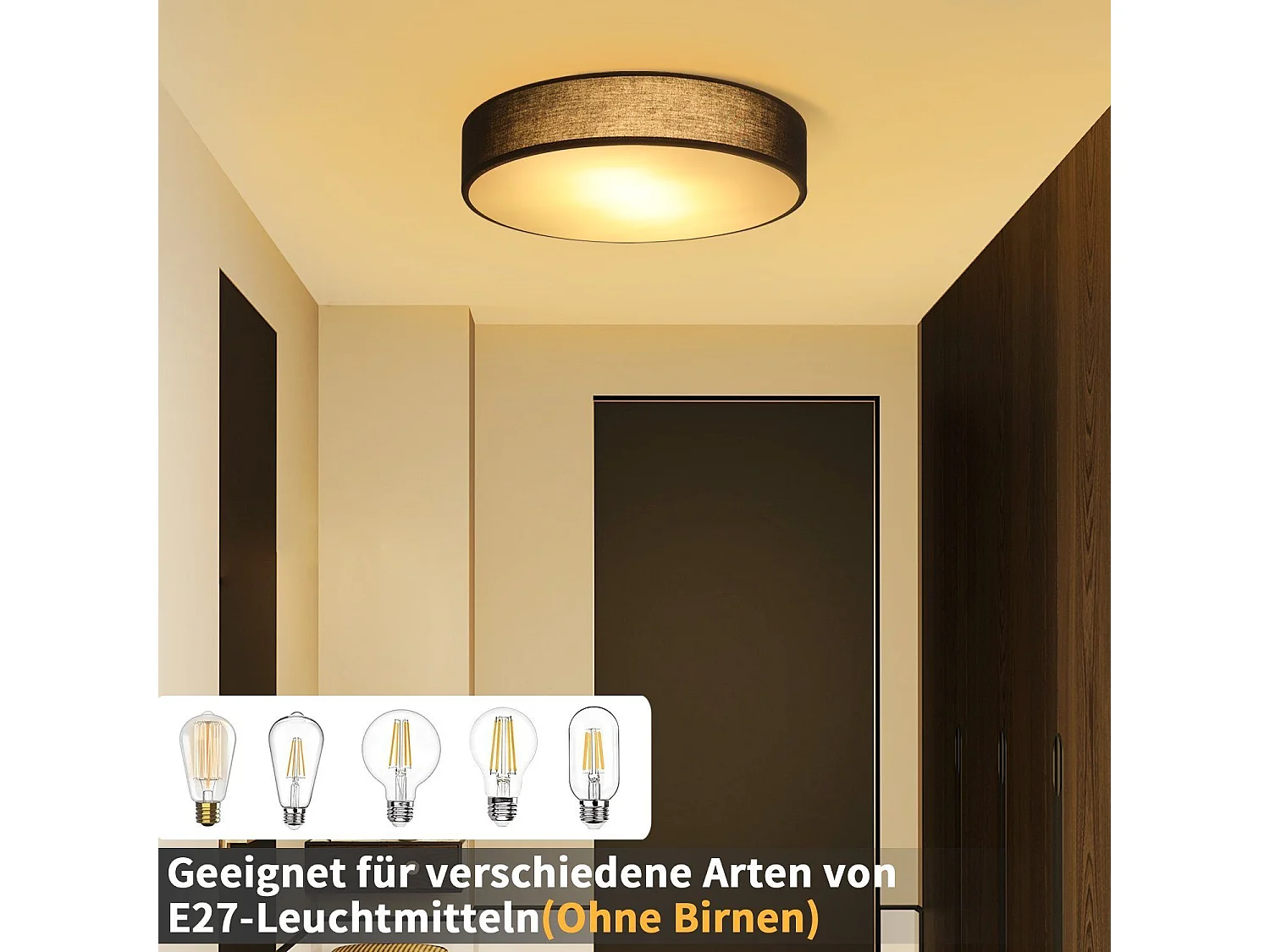 NETTLIFE Plafonnier E27 Rond 30CM Tissu Noir Moderne 1 Ampoule avec Abat-Jour en Tissu pour Salon Cuisine Couloir