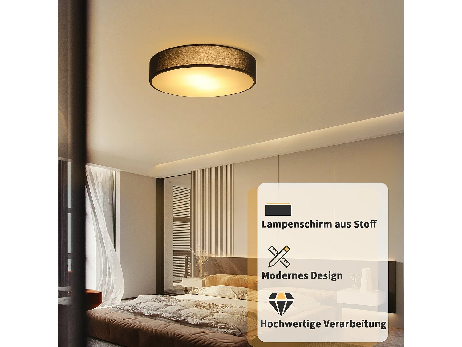 NETTLIFE Plafonnier E27 Rond 30CM Tissu Noir Moderne 1 Ampoule avec Abat-Jour en Tissu pour Salon Cuisine Couloir