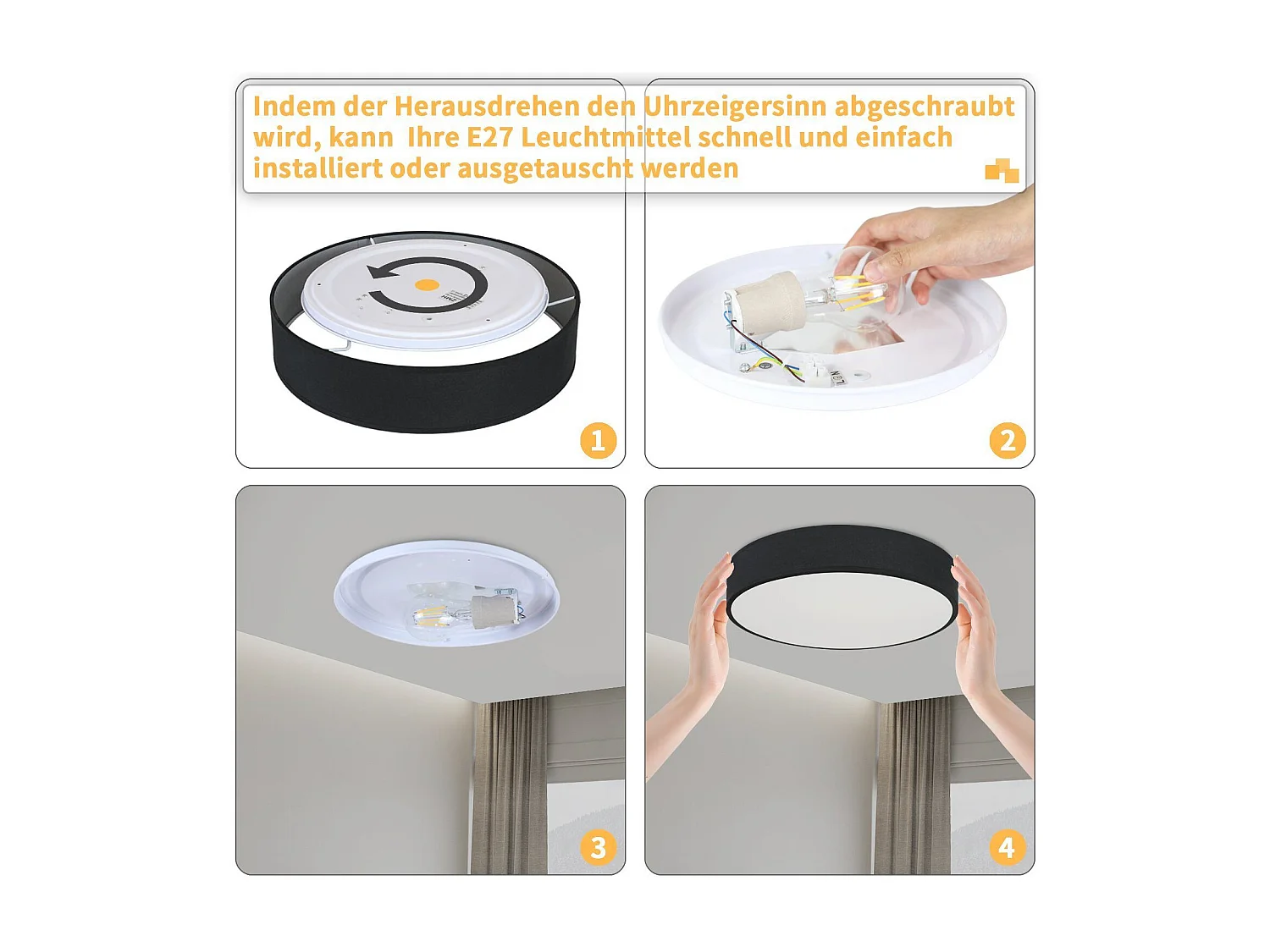 NETTLIFE Plafonnier E27 Rond 30CM Tissu Noir Moderne 1 Ampoule avec Abat-Jour en Tissu pour Salon Cuisine Couloir