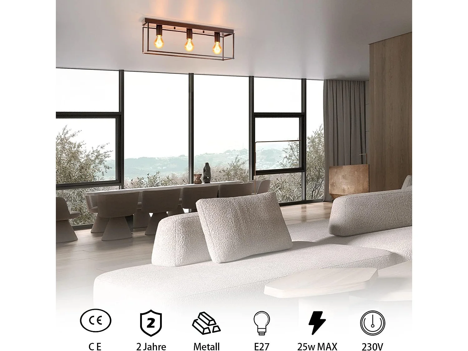 NETTLIFE Plafondlamp E27 - vierkant - 3-Lichts - Retro Plafondverlichting - Zwart - Vintage - Metalen Lamp - voor Slaapkamer | Woonkamer | Gang | Keuken - Max.25W