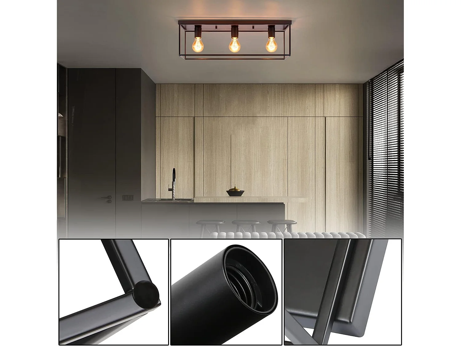 NETTLIFE Plafondlamp E27 - vierkant - 3-Lichts - Retro Plafondverlichting - Zwart - Vintage - Metalen Lamp - voor Slaapkamer | Woonkamer | Gang | Keuken - Max.25W