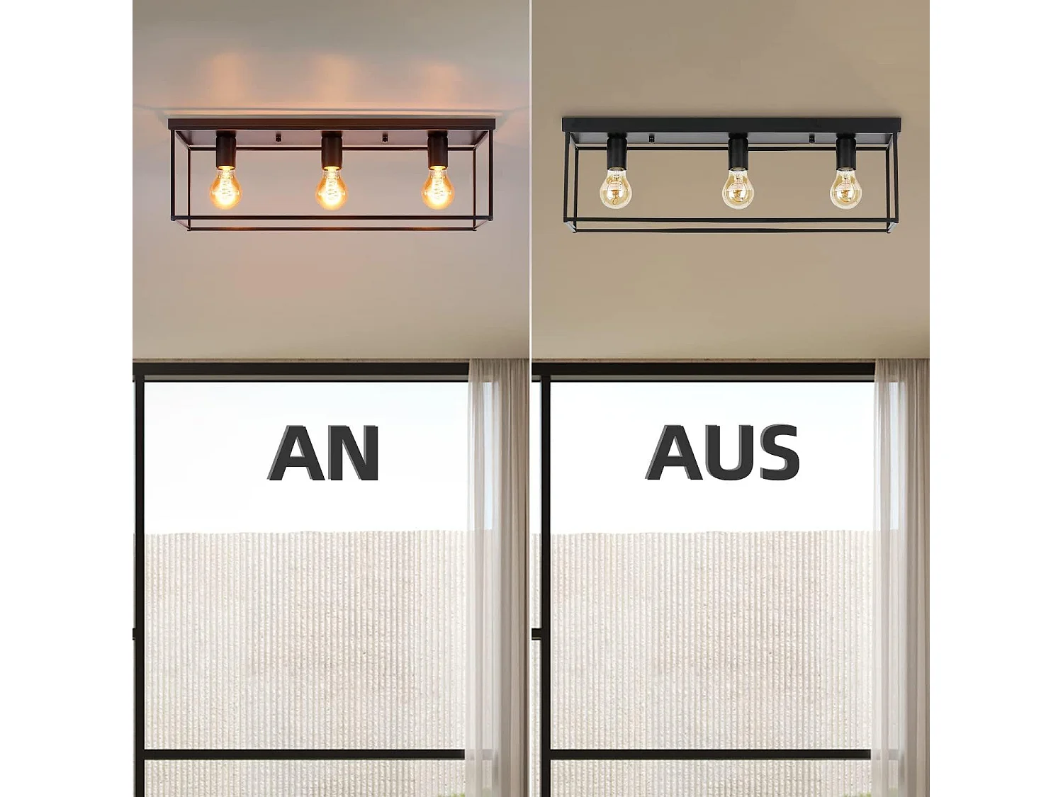 NETTLIFE Plafondlamp E27 - vierkant - 3-Lichts - Retro Plafondverlichting - Zwart - Vintage - Metalen Lamp - voor Slaapkamer | Woonkamer | Gang | Keuken - Max.25W