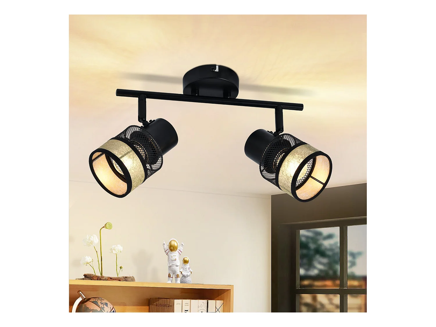NETTLIFE Plafonnier 2 spots Max. 25W métal E27 noir couloir vintage 330° avec abat-jour en tissu doré pour salon, chambre, cuisine