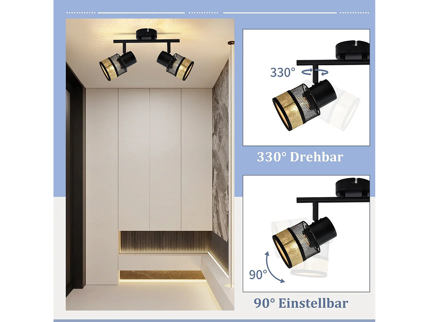 NETTLIFE Opbouwspot stof E27 Fitting 2 Lichts zwart Vintage Plafondlamp draaibar 330° Plafondspot  met gouden stoffen Lampkap