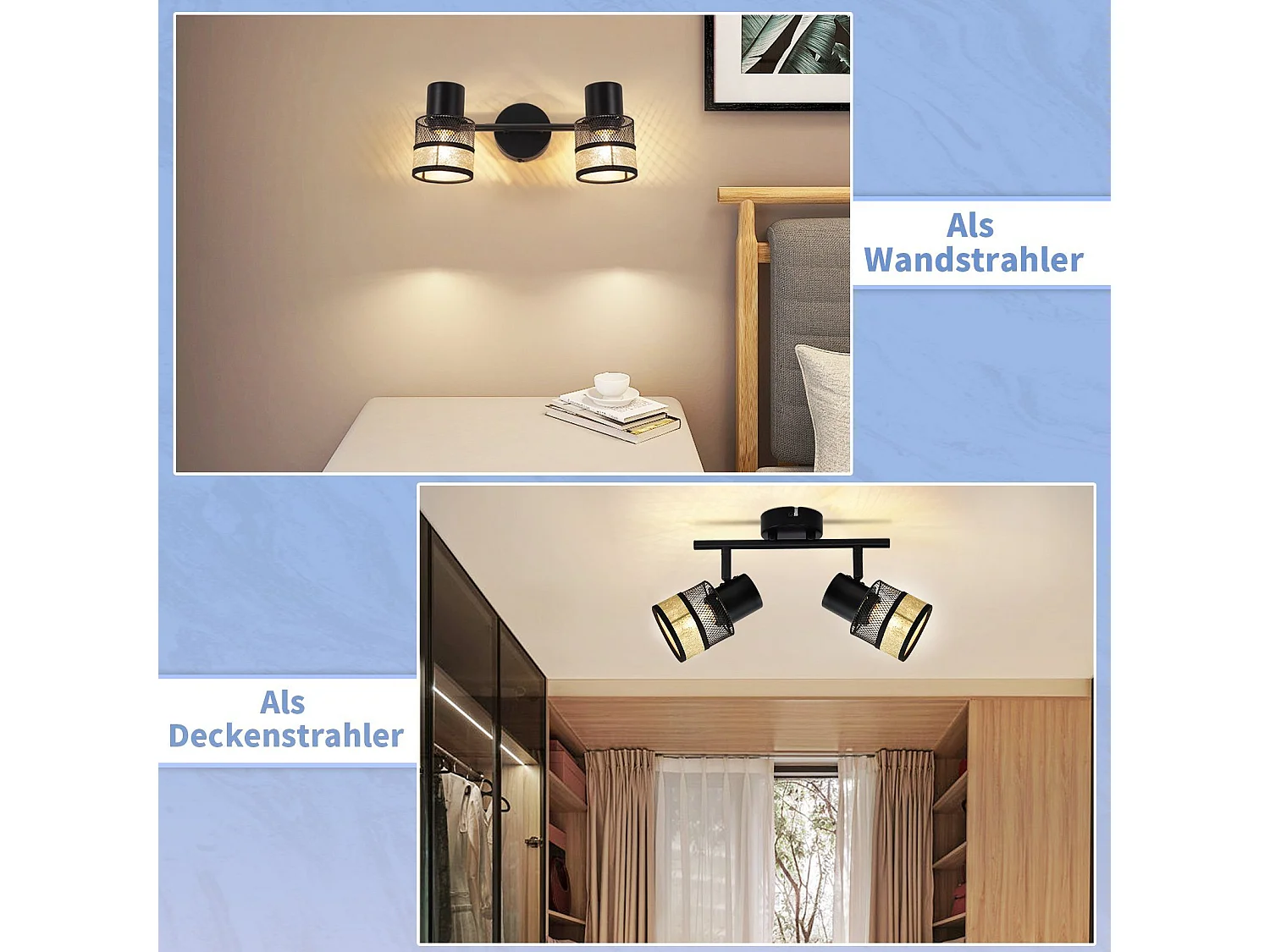 NETTLIFE Opbouwspot stof E27 Fitting 2 Lichts zwart Vintage Plafondlamp draaibar 330° Plafondspot  met gouden stoffen Lampkap