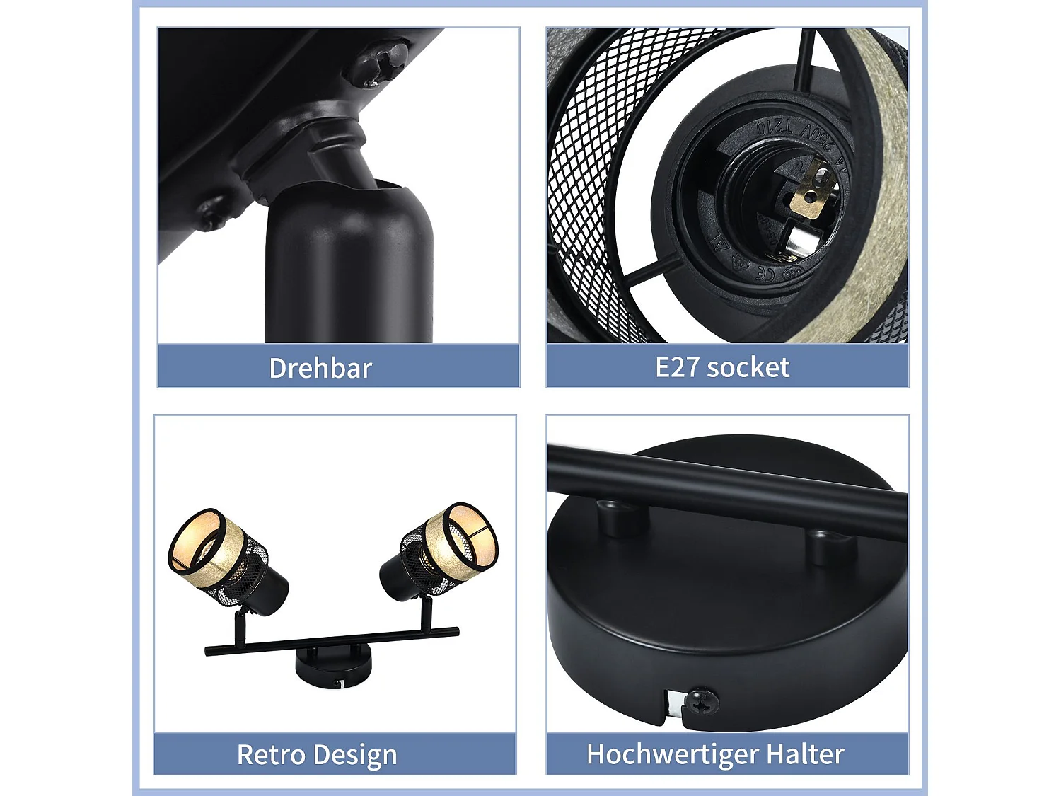 NETTLIFE Plafonnier 2 spots Max. 25W métal E27 noir couloir vintage 330° avec abat-jour en tissu doré pour salon, chambre, cuisine