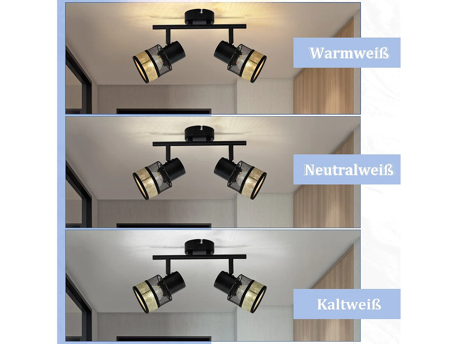 NETTLIFE Plafonnier 2 spots Max. 25W métal E27 noir couloir vintage 330° avec abat-jour en tissu doré pour salon, chambre, cuisine