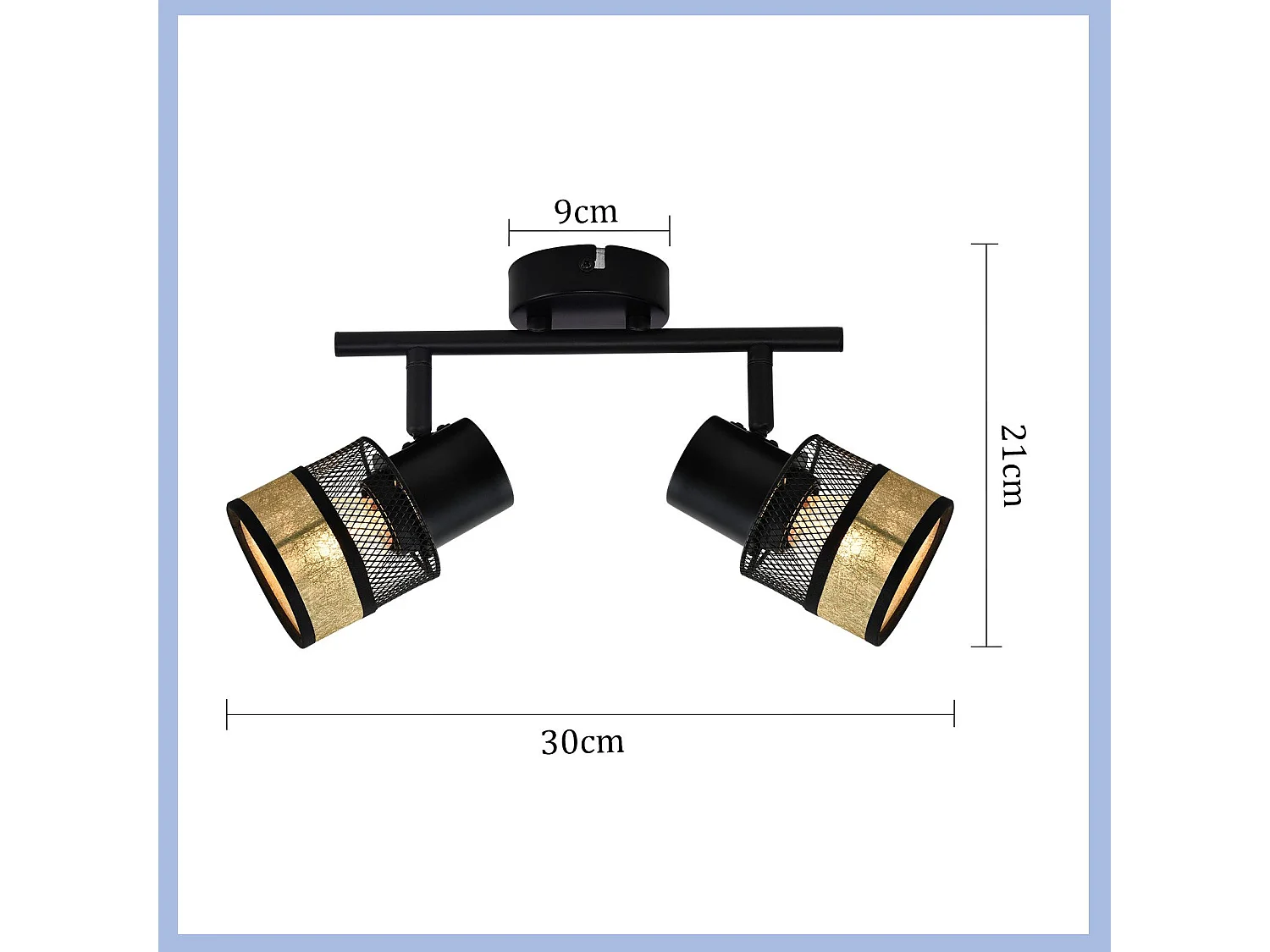 NETTLIFE Plafonnier 2 spots Max. 25W métal E27 noir couloir vintage 330° avec abat-jour en tissu doré pour salon, chambre, cuisine