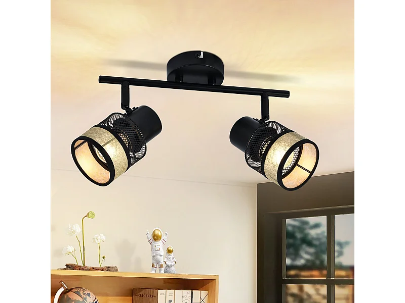 NETTLIFE Plafonnier 2 spots Max. 25W métal E27 noir couloir vintage 330° avec abat-jour en tissu doré pour salon, chambre, cuisine