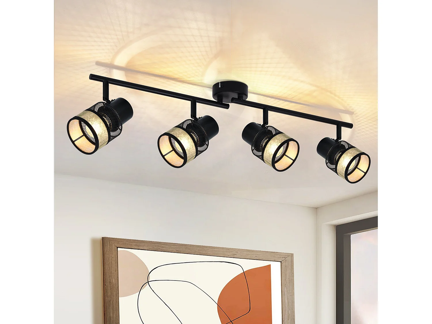 NETTLIFE Opbouwspot stof E27 Fitting 4 Lichts zwart Vintage Plafondlamp draaibar 330° Plafondspot  met gouden stoffen Lampkap