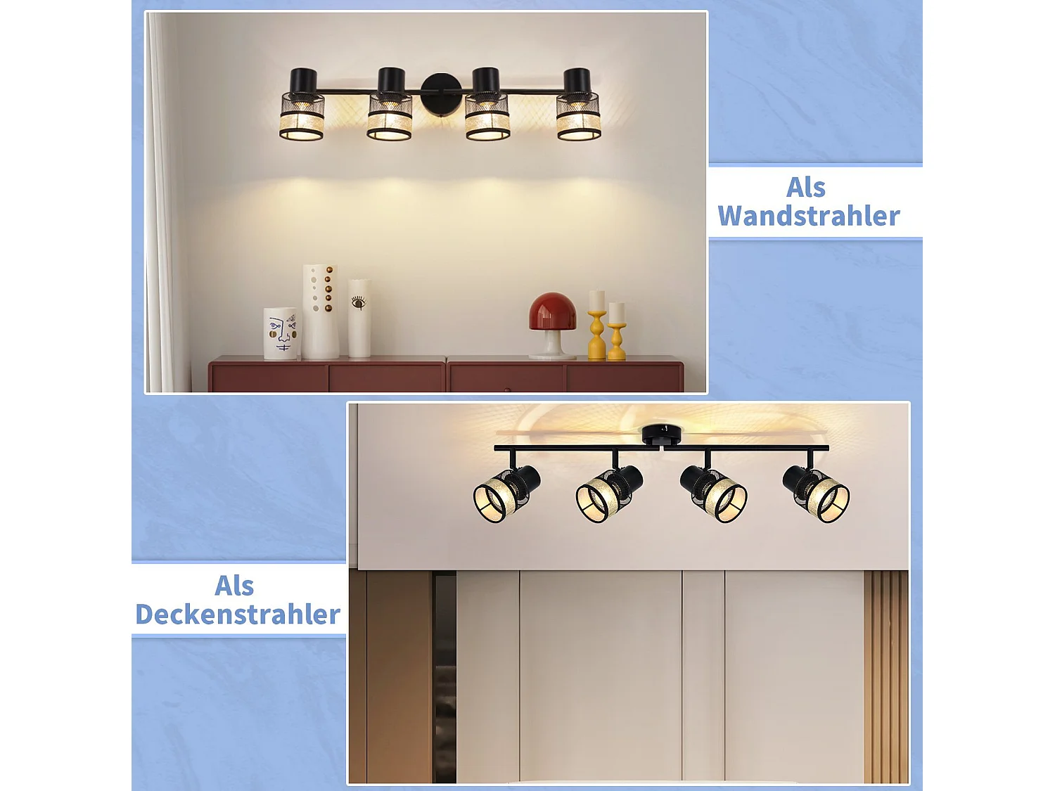 NETTLIFE Opbouwspot stof E27 Fitting 4 Lichts zwart Vintage Plafondlamp draaibar 330° Plafondspot  met gouden stoffen Lampkap