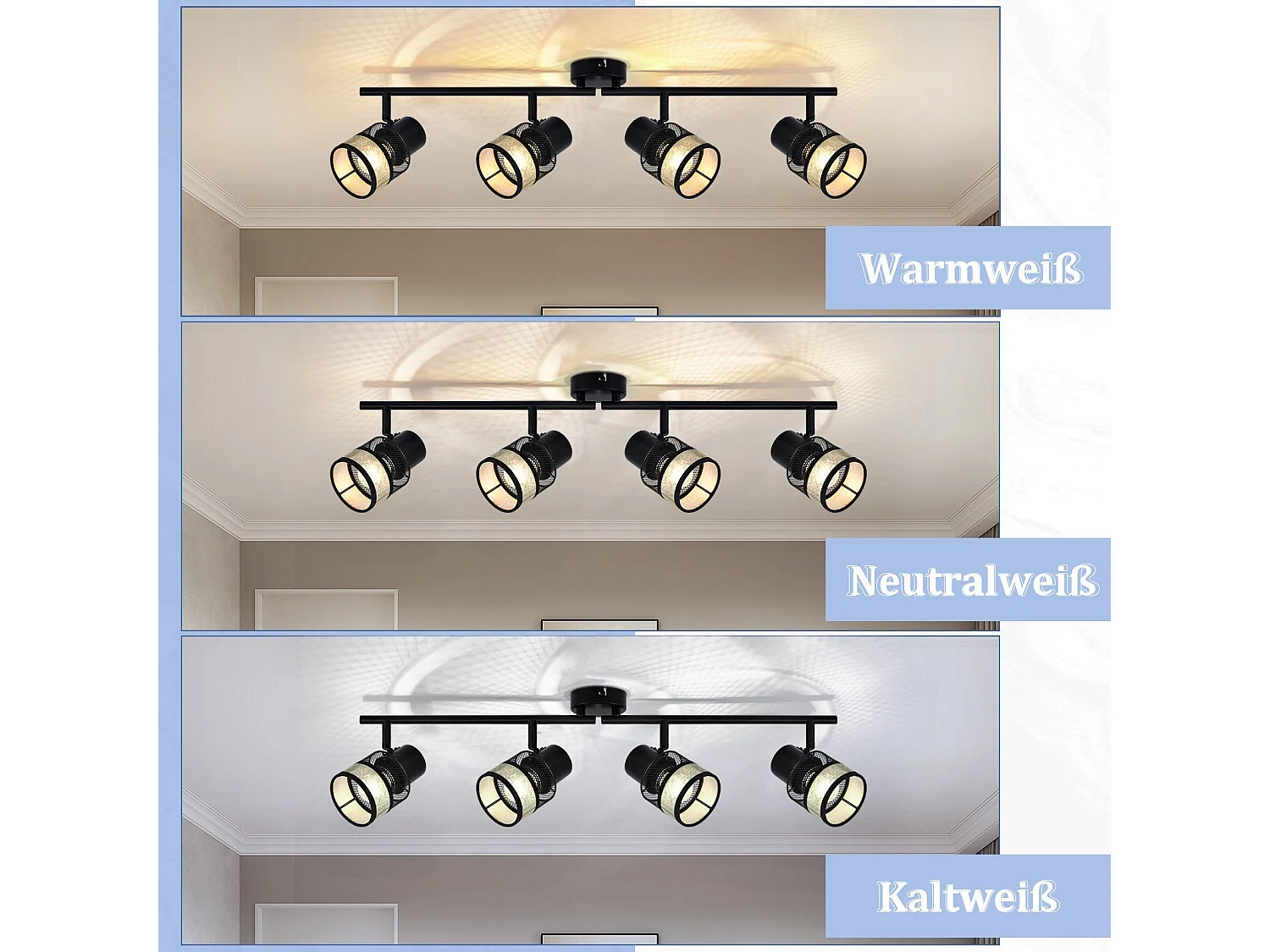 NETTLIFE Opbouwspot stof E27 Fitting 4 Lichts zwart Vintage Plafondlamp draaibar 330° Plafondspot  met gouden stoffen Lampkap