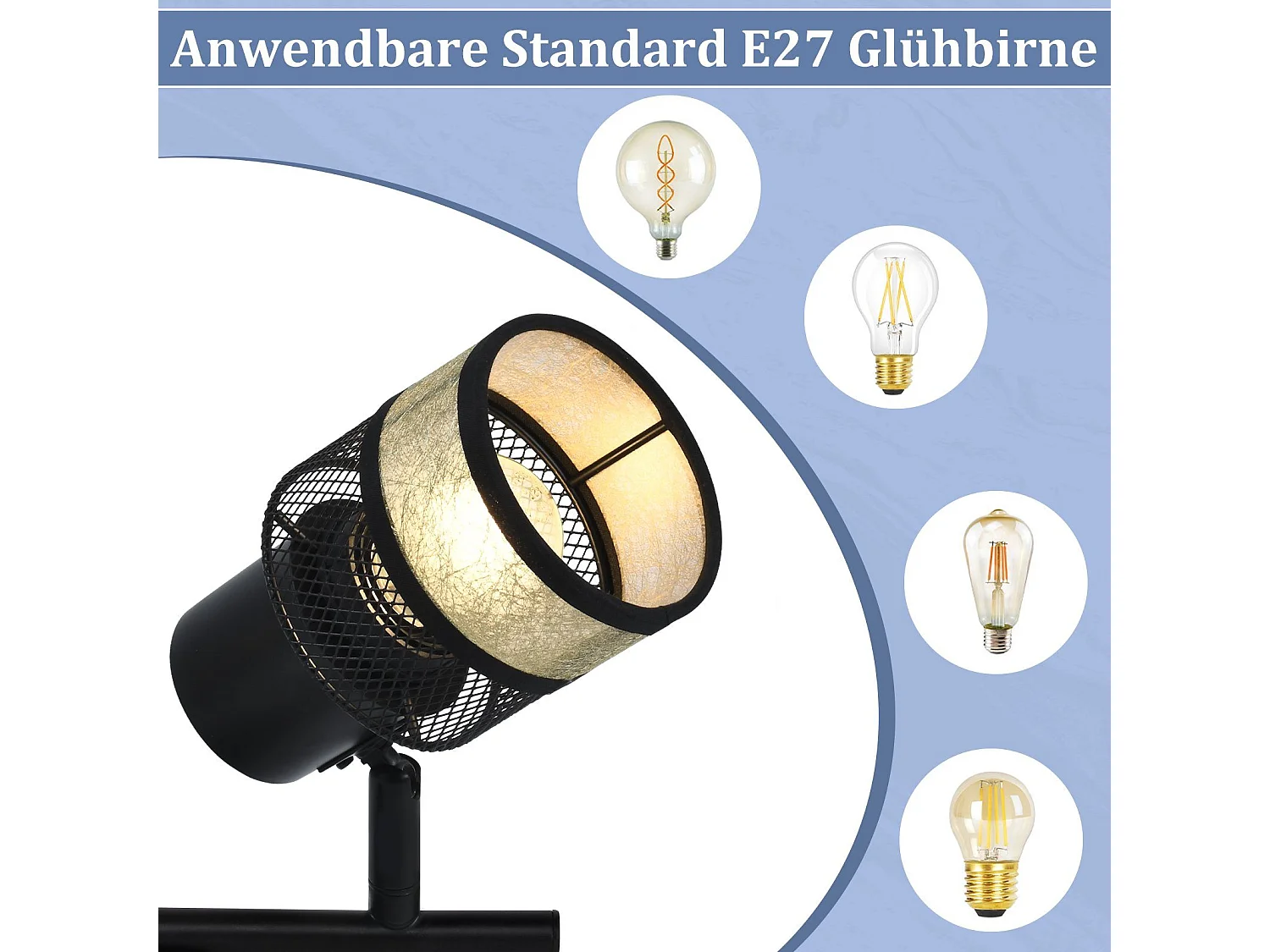 NETTLIFE Opbouwspot stof E27 Fitting 4 Lichts zwart Vintage Plafondlamp draaibar 330° Plafondspot  met gouden stoffen Lampkap