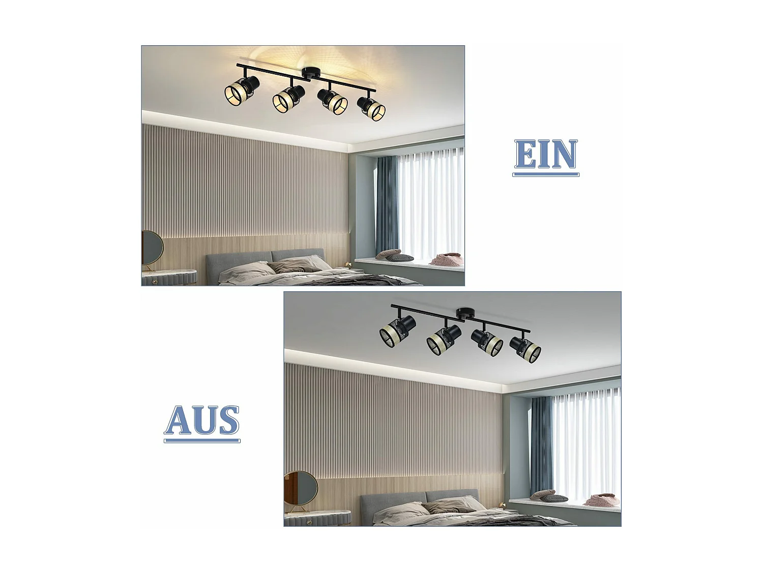 NETTLIFE Opbouwspot stof E27 Fitting 4 Lichts zwart Vintage Plafondlamp draaibar 330° Plafondspot  met gouden stoffen Lampkap