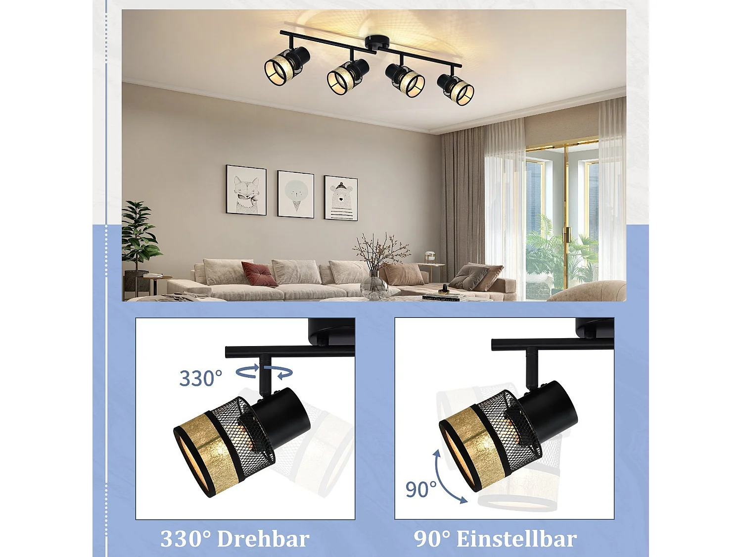 NETTLIFE Plafonnier 4 Spots  Métal E27 Max. 25W Vintage Noir 330° Abat-Jour en Tissu Doré pour Salon Cuisine Escaliers Salle à Manger