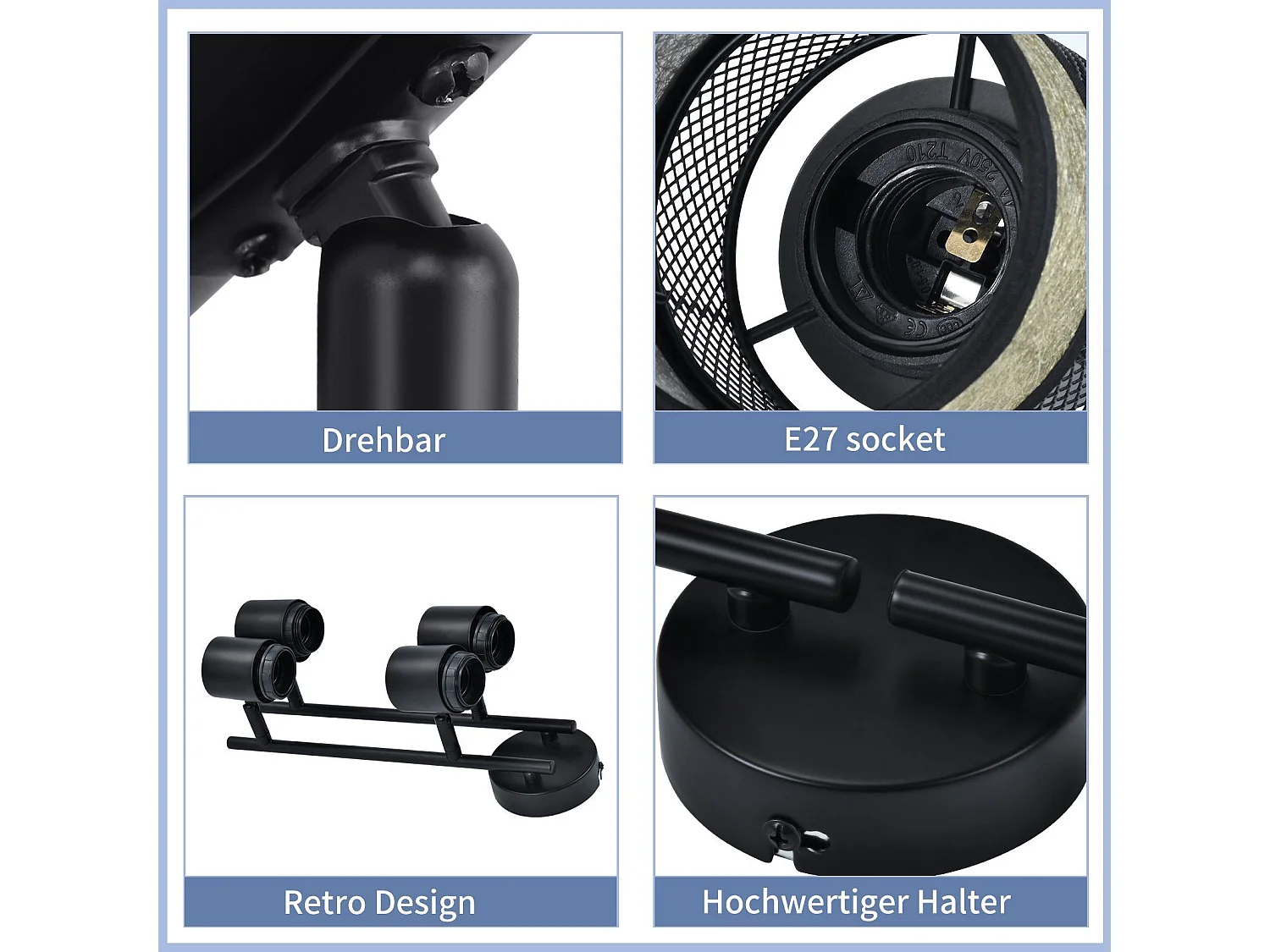 NETTLIFE Plafonnier 4 Spots  Métal E27 Max. 25W Vintage Noir 330° Abat-Jour en Tissu Doré pour Salon Cuisine Escaliers Salle à Manger