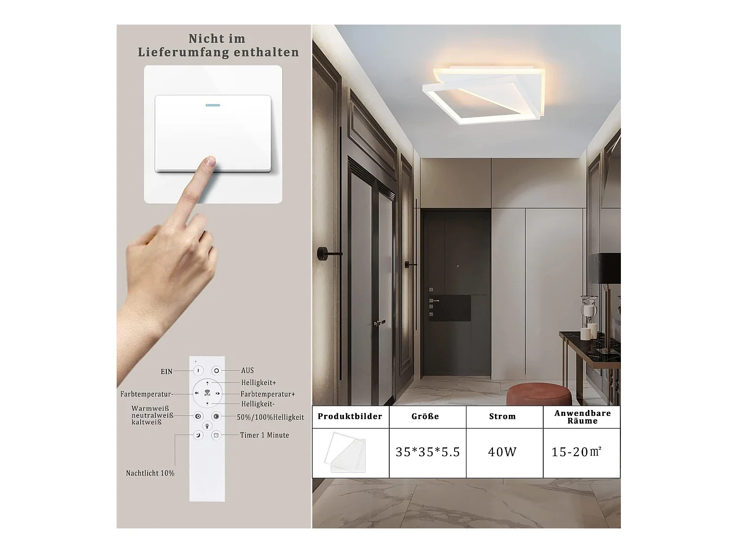 NETTLIFE LED Plafondlamp - wit - moderne - 40W slaapkamer lamp - dimbaar met afstandsbediening - vierkant woonkamer 30cm - voor keuken | hal