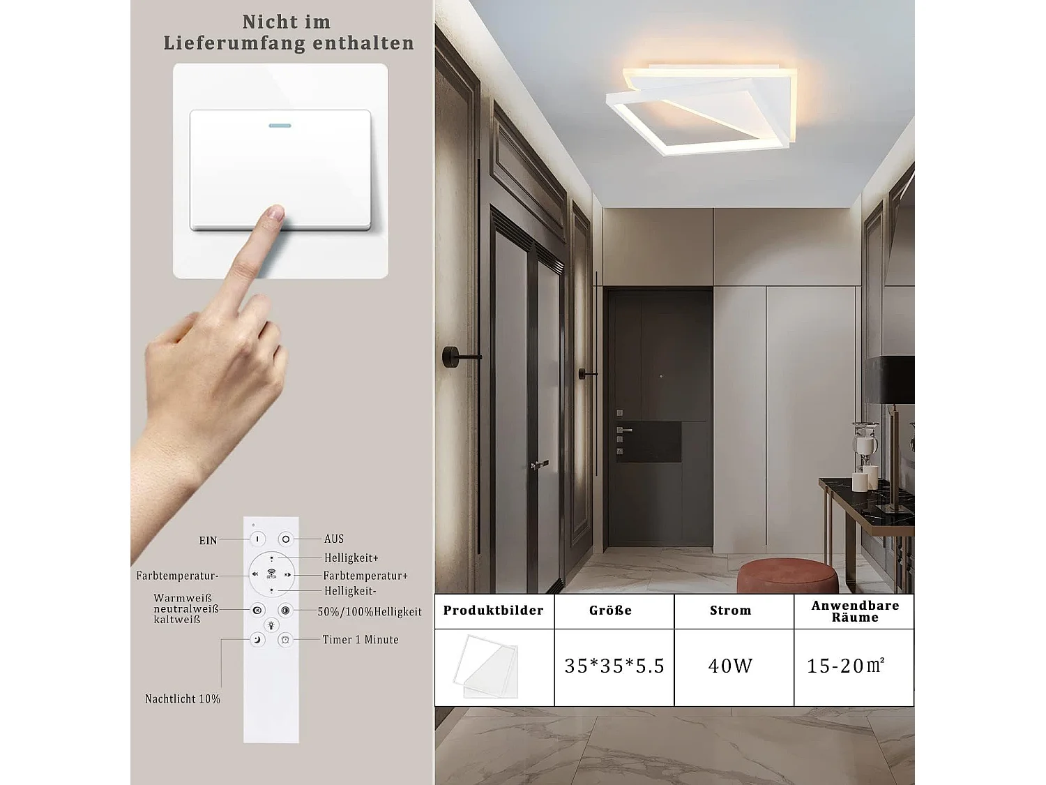 NETTLIFE LED Plafondlamp - wit - moderne - 40W slaapkamer lamp - dimbaar met afstandsbediening - vierkant woonkamer 30cm - voor keuken | hal