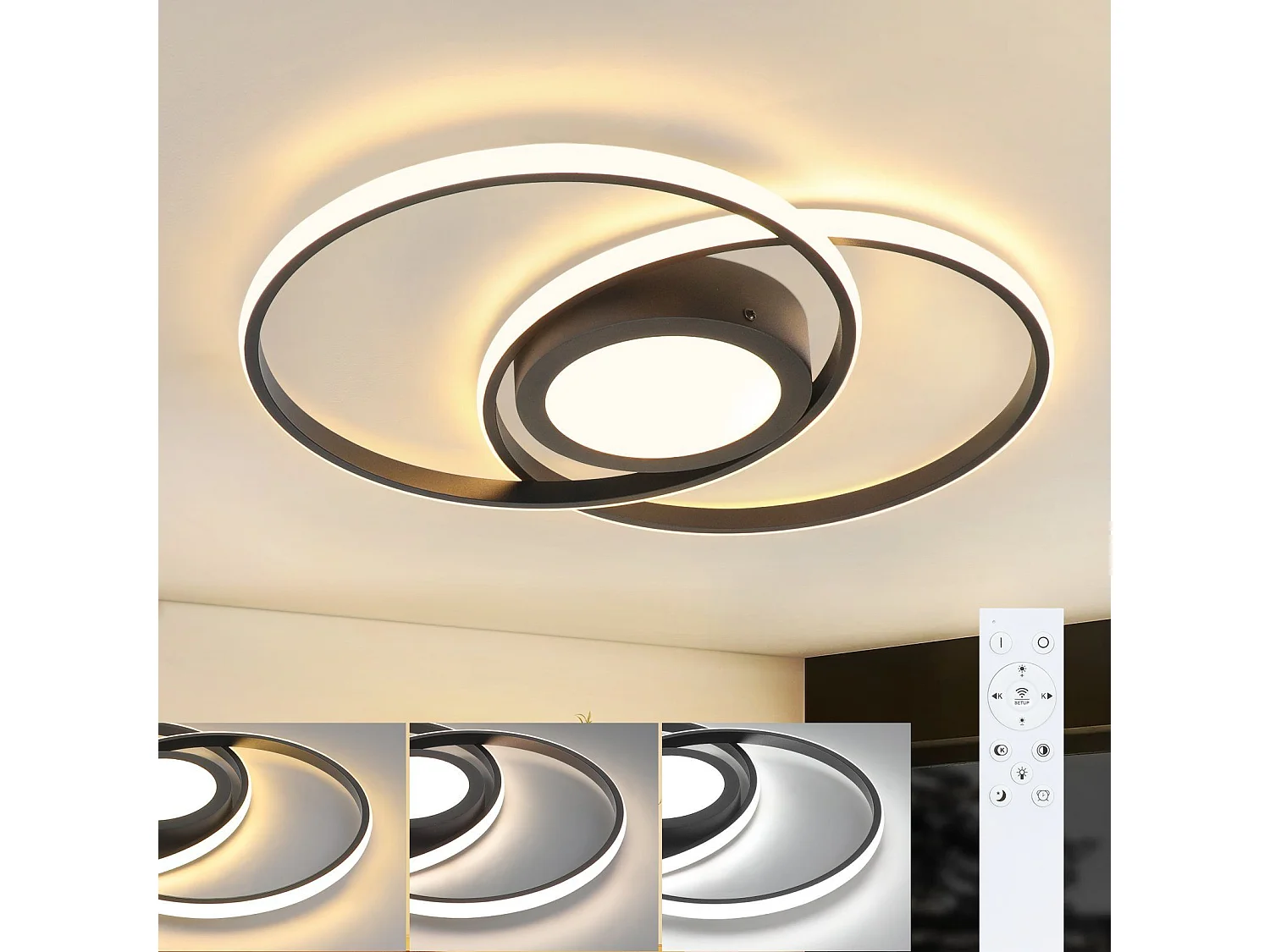 NETTLIFE Deckenleuchte LED Wohnzimmerlampe Modern - Deckenlampe 48W mit Fernbedienung Schwarz Schlafzimmerlampe für Wohnzimmer Schlafzimmer