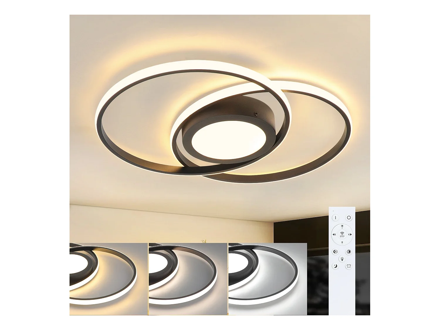 NETTLIFE Plafondlamp - LED - Ø 47.4 cm - Moderne Zwart plafonniére - 48W - 2 Ronde ring - 3000K-6500K Instelbare Kleurtemperatuur