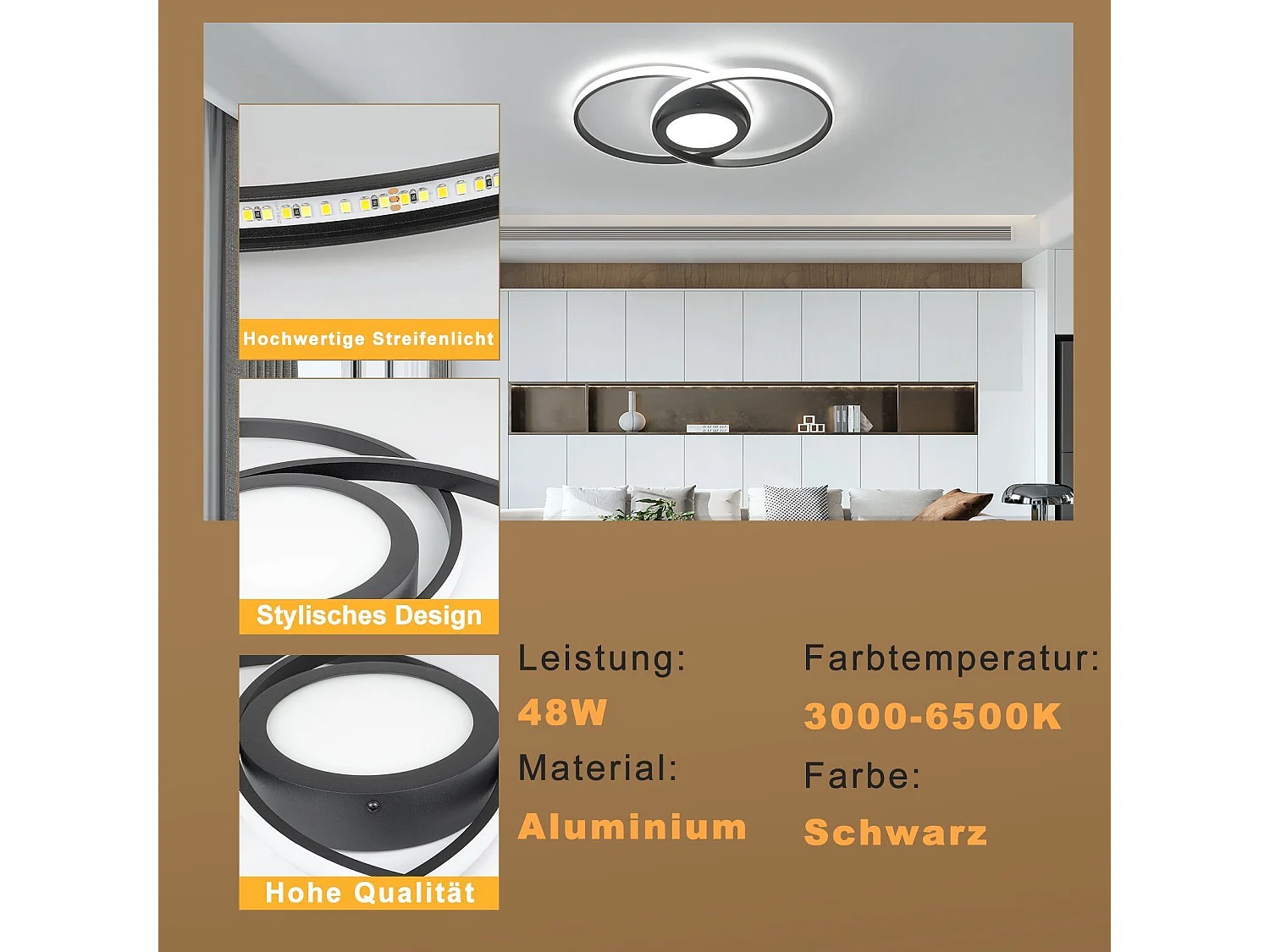 NETTLIFE Plafonnier LED Noir Salon Dimmable avec Télécommande Design Moderne Lampe de Plafond pour Chambre Cuisine Bureau