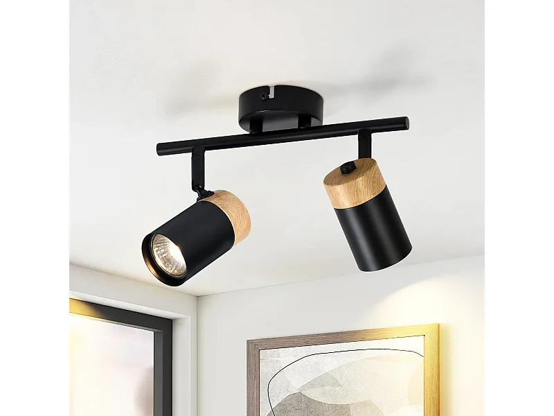 NETTLIFE Lámpara de techo 2 focos de madera negra GU10 LED orientable 330° para pasillo garaje salón cocina sin bombilla