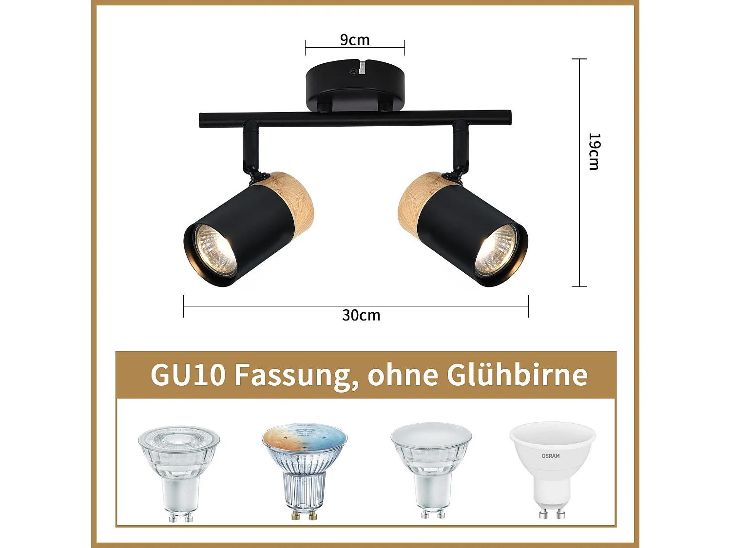 NETTLIFE Opbouwspot hout - GU10 Fitting - 2 Lichts - zwart - draaibar 330° Plafondlamp - vintage Plafondspot - voor Hal | Woonkamer | Slaapkamer | Keuken