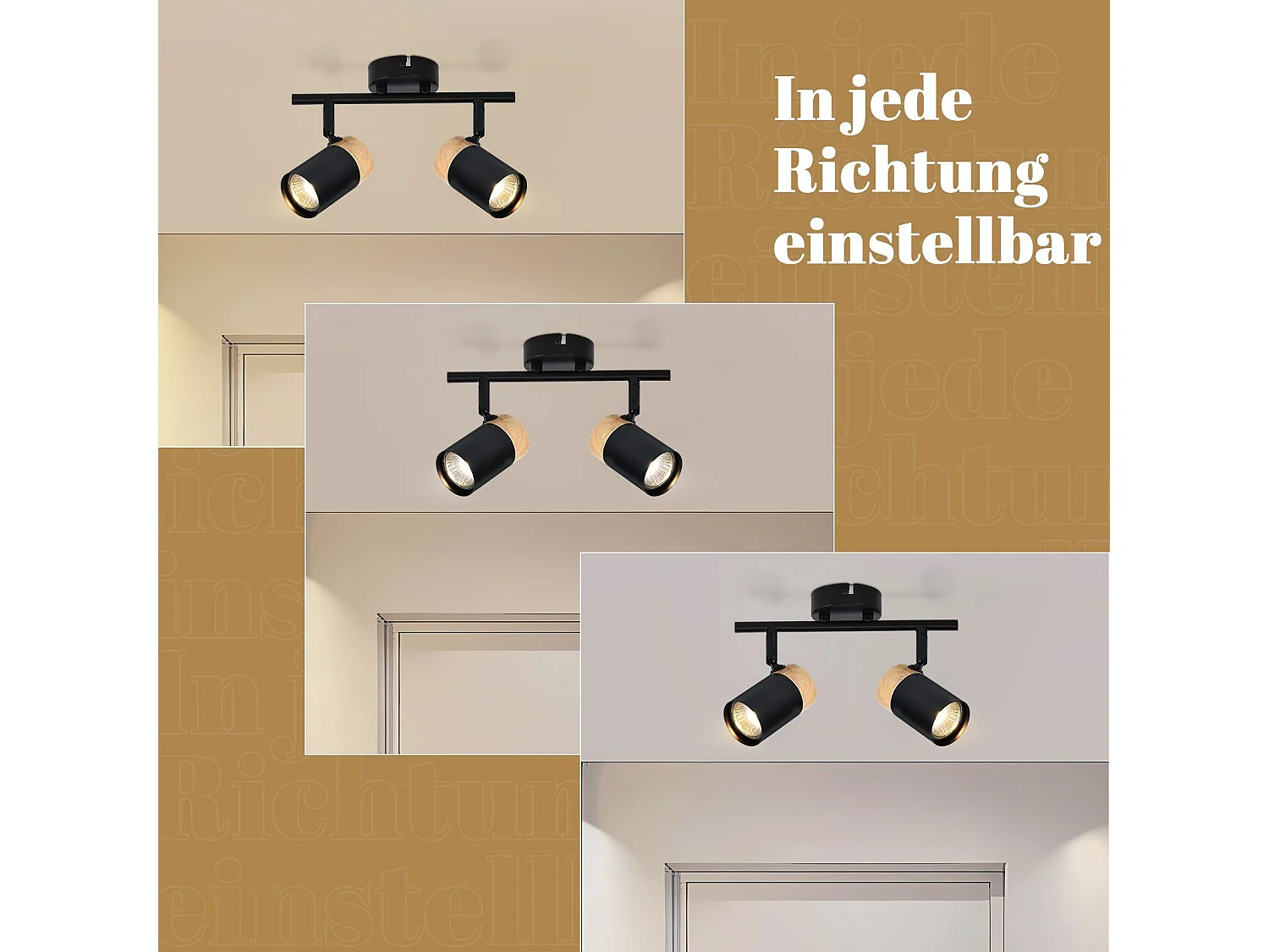 NETTLIFE Opbouwspot hout - GU10 Fitting - 2 Lichts - zwart - draaibar 330° Plafondlamp - vintage Plafondspot - voor Hal | Woonkamer | Slaapkamer | Keuken