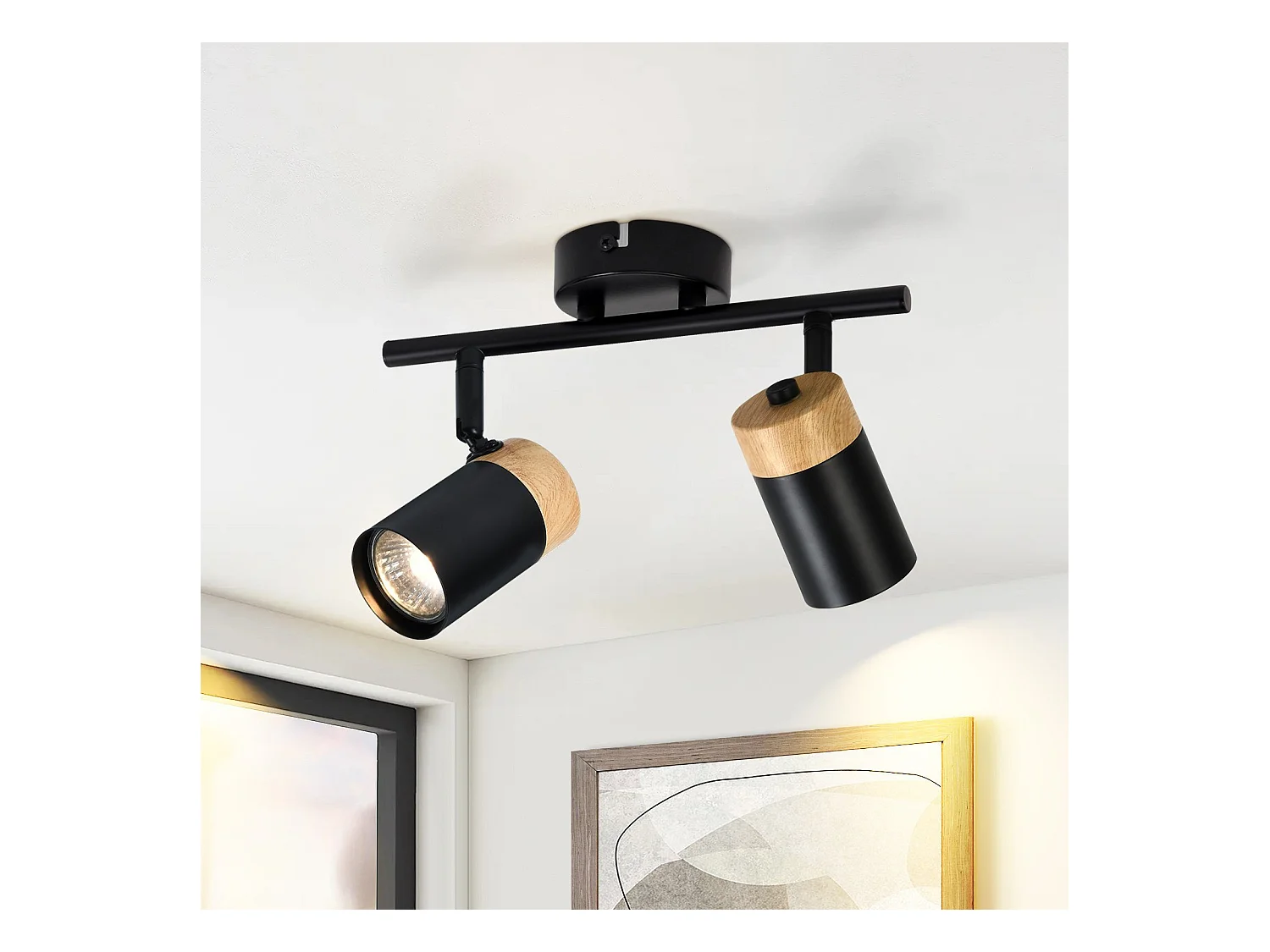 NETTLIFE Plafonnier 2 spots de  bois noir GU10 LED orientable 330° pour couloir garage salon cuisine sans ampoule