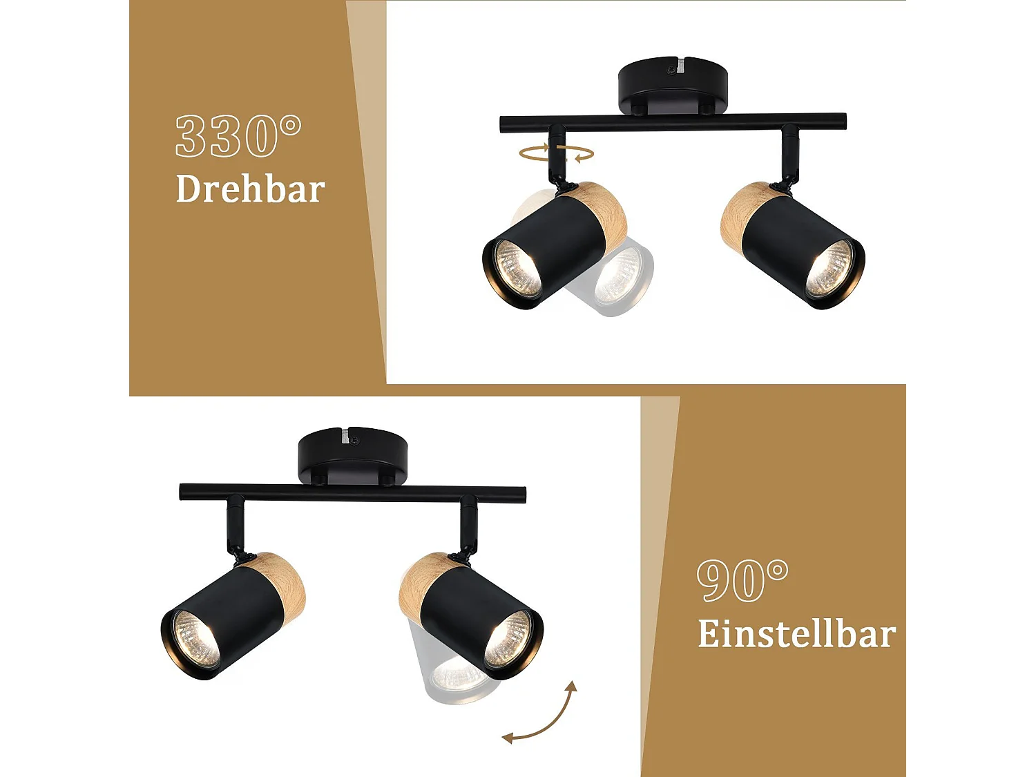 NETTLIFE Plafonnier 2 spots de  bois noir GU10 LED orientable 330° pour couloir garage salon cuisine sans ampoule