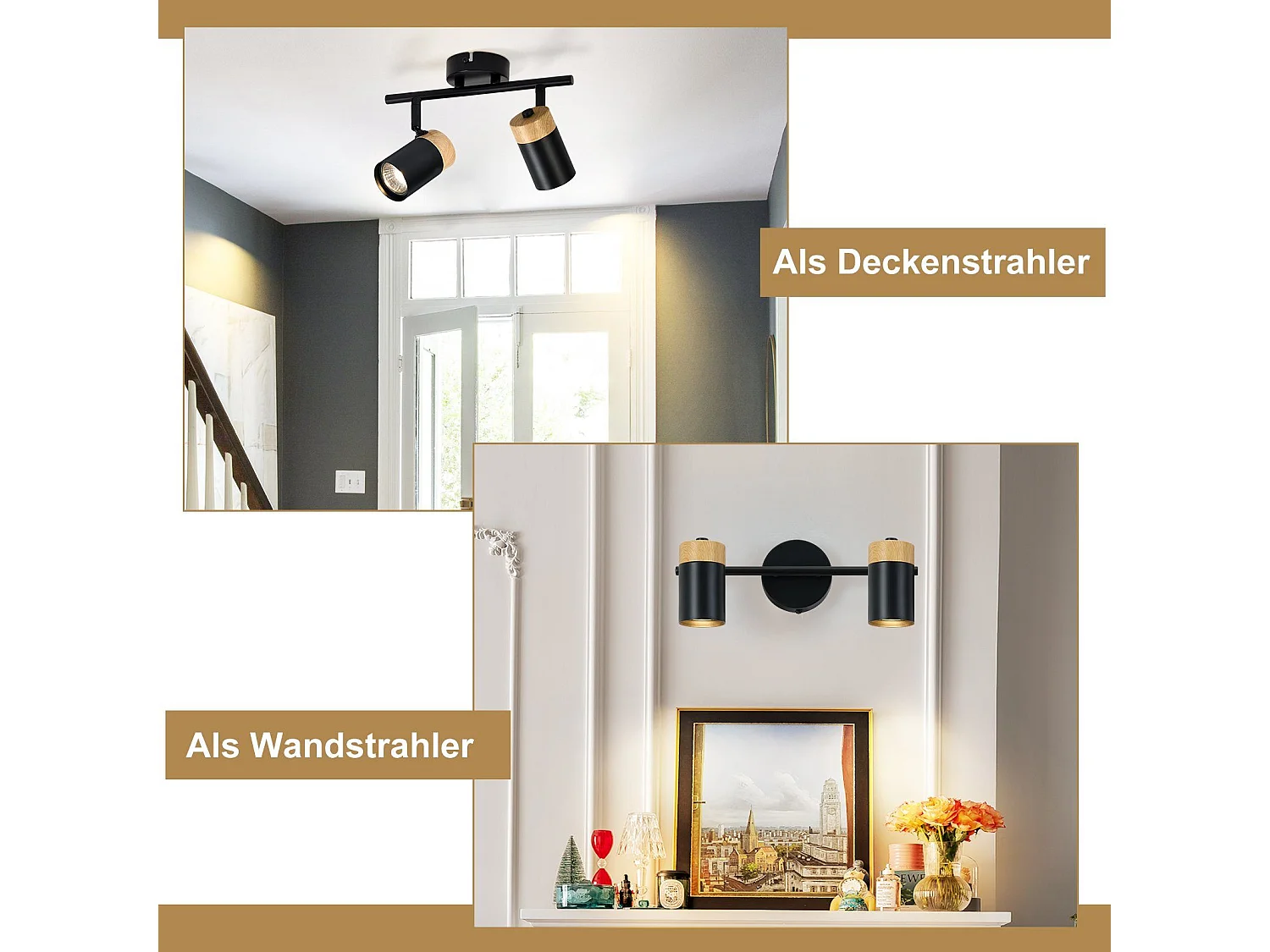 NETTLIFE Plafonnier 2 spots de  bois noir GU10 LED orientable 330° pour couloir garage salon cuisine sans ampoule