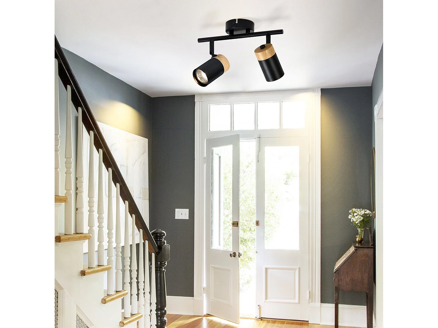 NETTLIFE Plafonnier 2 spots de  bois noir GU10 LED orientable 330° pour couloir garage salon cuisine sans ampoule