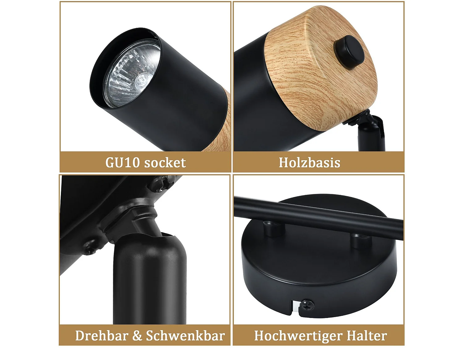 NETTLIFE Deckenleuchte 2 schwarze Holzspots GU10 LED 330° verstellbar für Flur Garage Wohnzimmer Küche ohne Leuchtmittel
