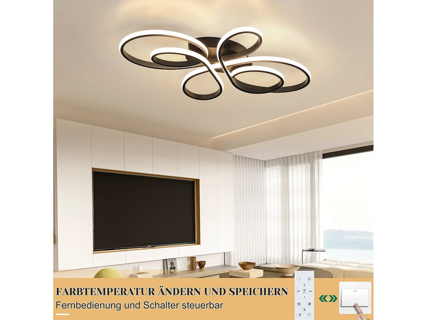 NETTLIFE Plafondlamp LED Zwart 80cm 3000-6000K Dimbaar met Afstandsbediening Moderne Keukenverlichting met Creatief ontwerp voor Slaapkamer | Woonkamer | Hotel 78W
