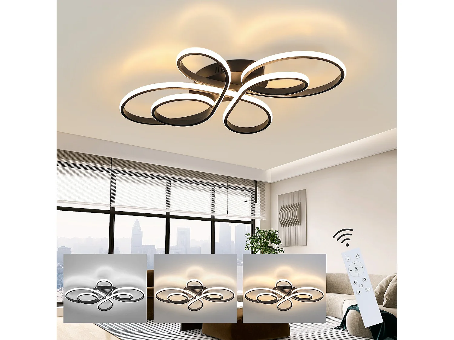 NETTLIFE Plafonnier LED Noir Intensité Variable 80 cm Salon 78W Chambre Moderne avec Télécommande Design Idéal pour Salle à Manger Bureau Cuisine