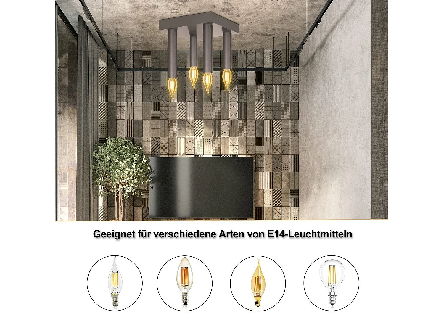 NETTLIFE Lámpara de Techo Vintage E14 Lámpara Industrial Lámpara de Dormitorio Gris con 4 Focos de Metal para Sala de Estar Cocina Pasillo Bar