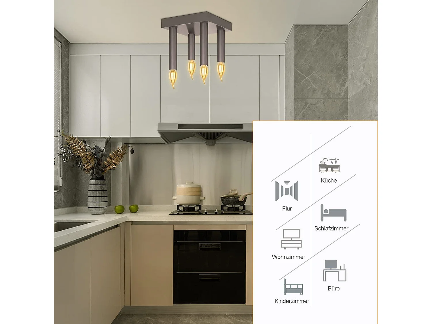 NETTLIFE Lámpara de Techo Vintage E14 Lámpara Industrial Lámpara de Dormitorio Gris con 4 Focos de Metal para Sala de Estar Cocina Pasillo Bar