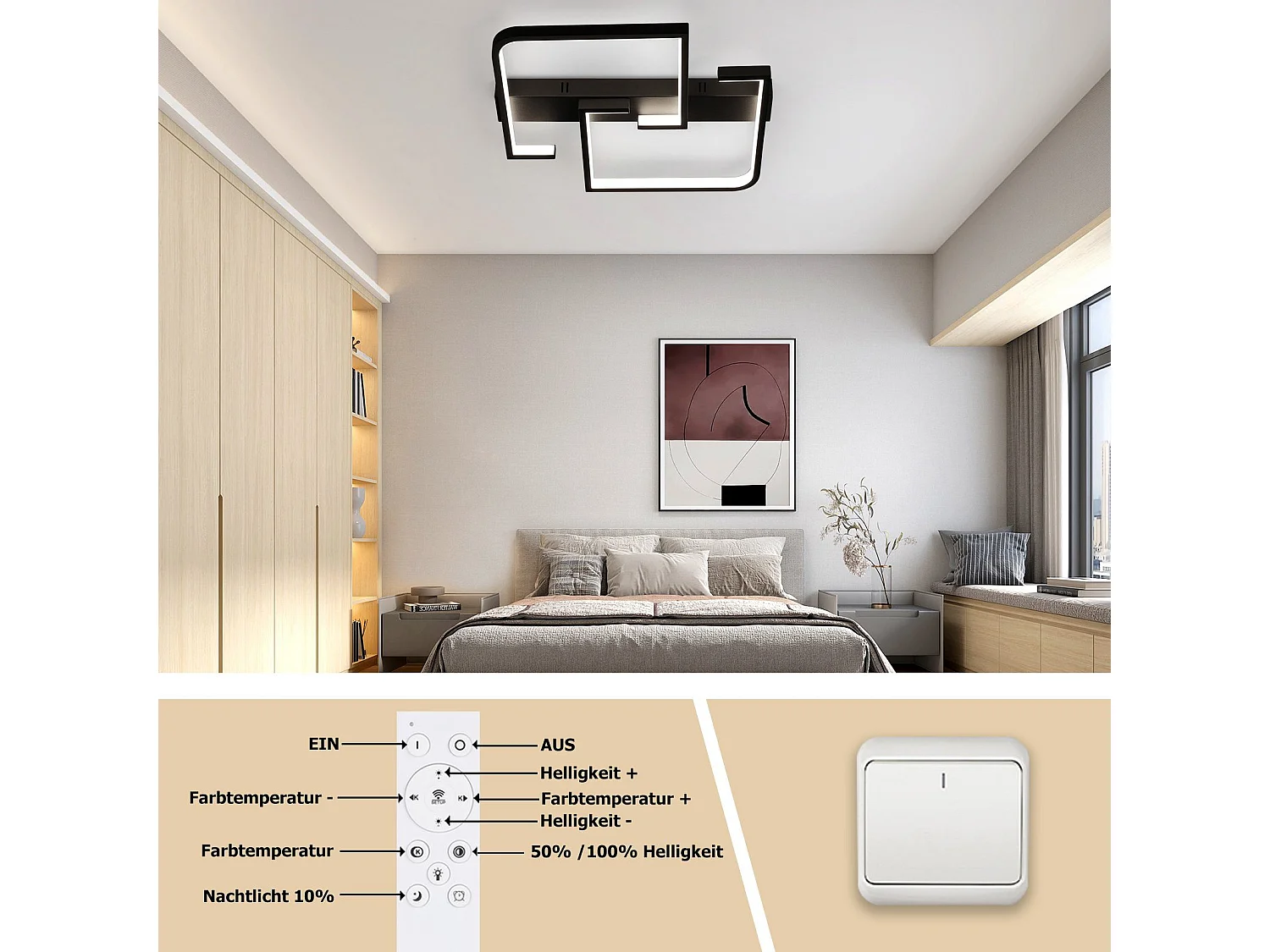 NETTLIFE Plafondlamp LED - vierkant - Wit - 60cm - 2-Lichts - 3000-6500K Dimbaar - Moderne Slaapkamerverlichting - Metaal - voor Keuken | Woonkamer | Hotel - 45W