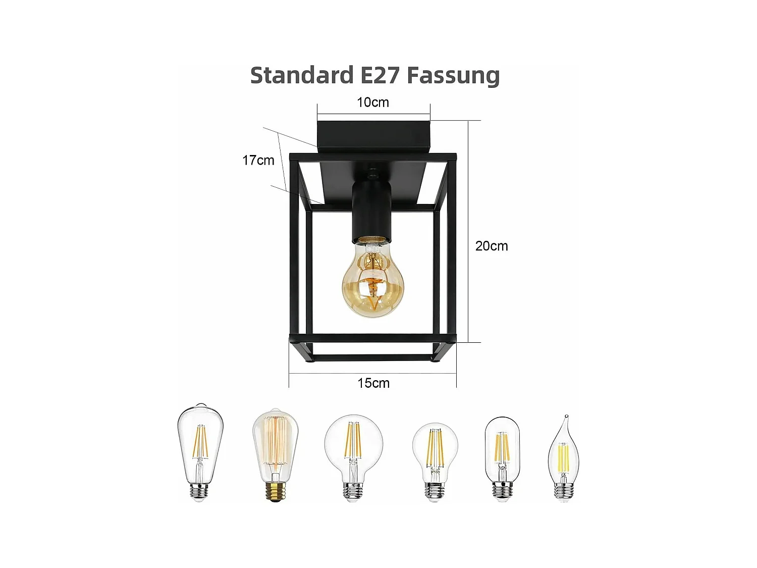 NETTLIFE Plafondlamp E27 - vierkant - Retro Plafondverlichting - Zwart - Vintage - Metalen Lamp - voor Slaapkamer | Woonkamer | Gang | Keuken - Max.40W