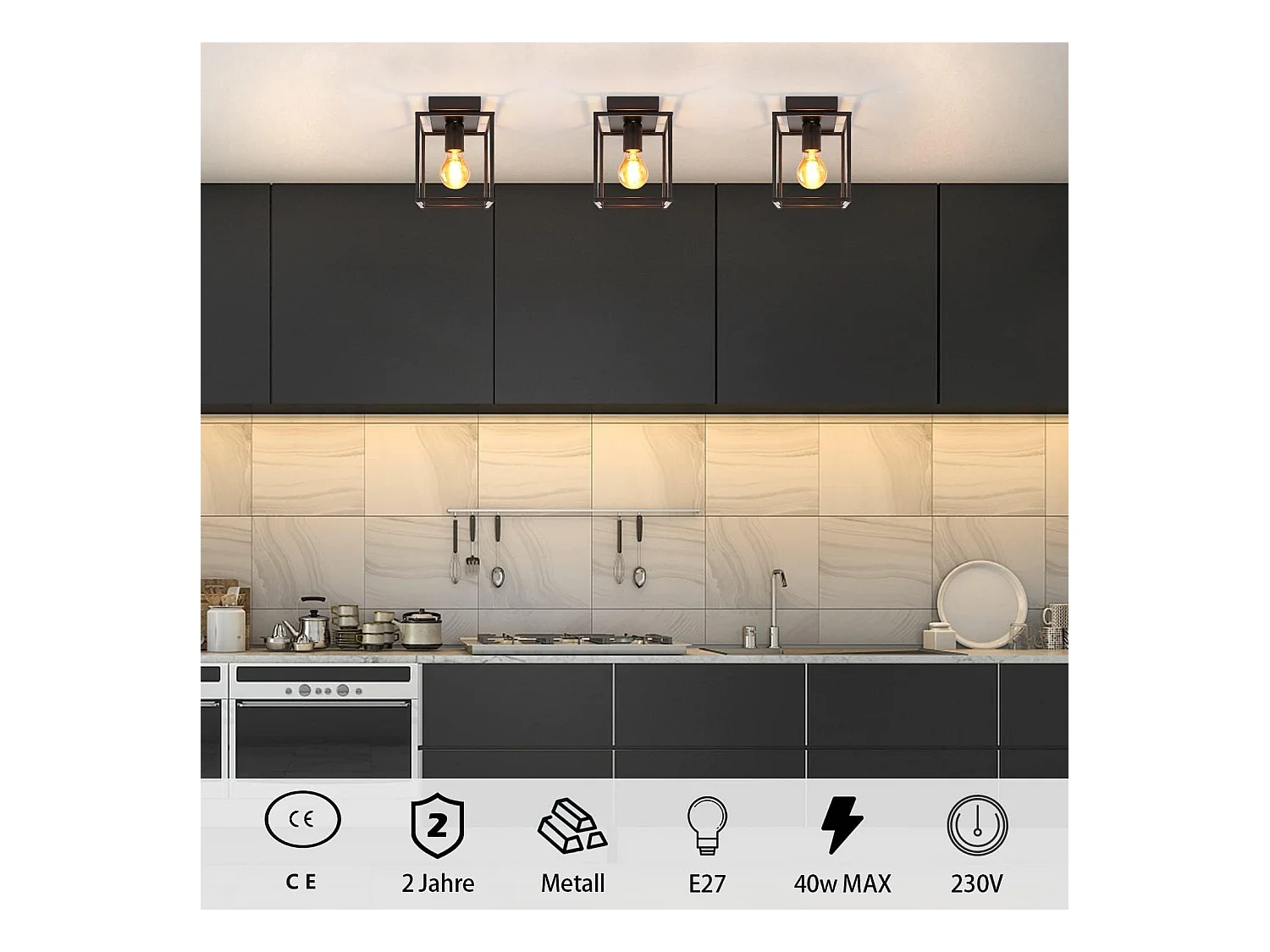 NETTLIFE Plafondlamp E27 - vierkant - Retro Plafondverlichting - Zwart - Vintage - Metalen Lamp - voor Slaapkamer | Woonkamer | Gang | Keuken - Max.40W