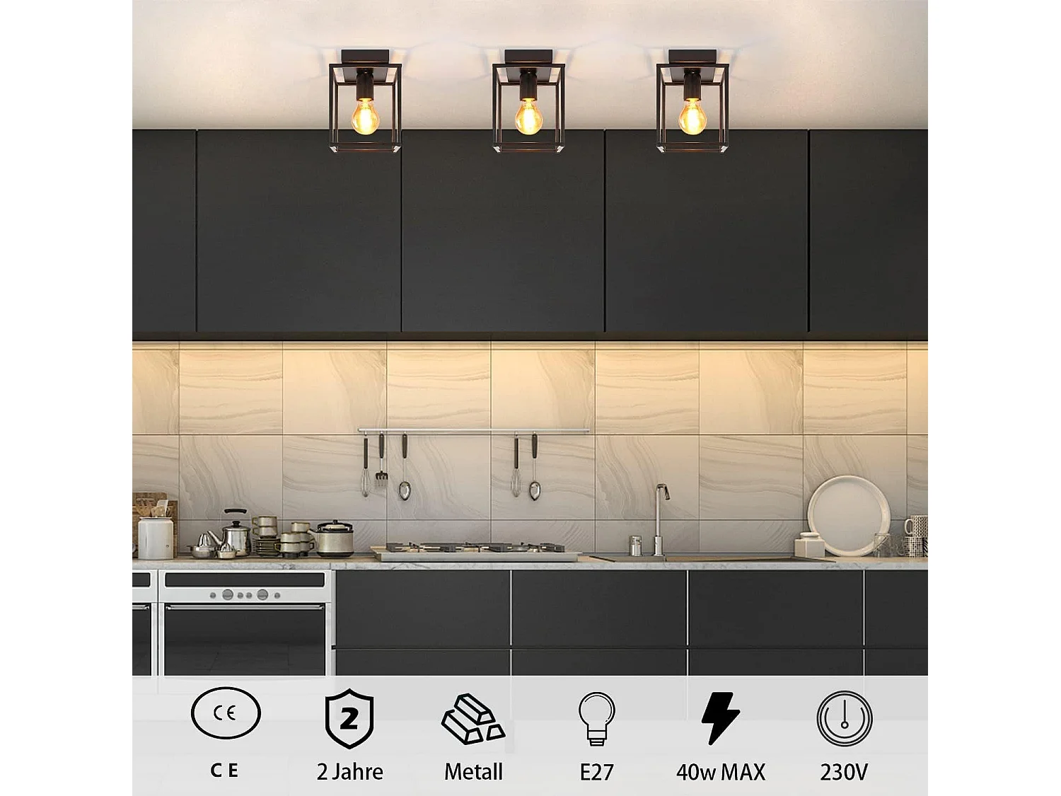 NETTLIFE Plafonnier LED Rétro Noir Lampe Industrielle pour Chambre Salon Lampe Vintage en Métal pour Couloir Cuisine Salle à Manger 40 W