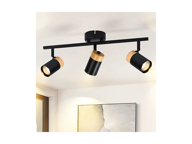 NETTLIFE Deckenleuchte 3 Holzspots GU10 Schwarz 330° verstellbar für Wohnzimmer Schlafzimmer Küche Kinderzimmer ohne Leuchtmittel