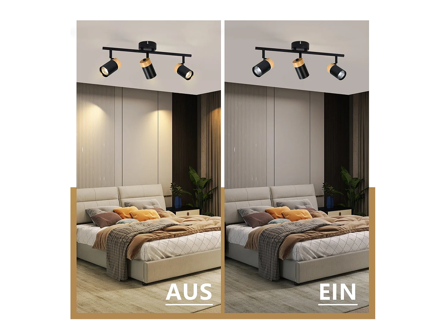 NETTLIFE Plafonnier 3 spots  bois GU10 noir orientable 330° pour salon chambre cuisine chambre d'enfant sans ampoule