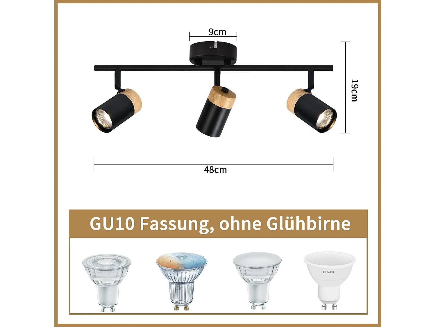 NETTLIFE Plafonnier 3 spots  bois GU10 noir orientable 330° pour salon chambre cuisine chambre d'enfant sans ampoule