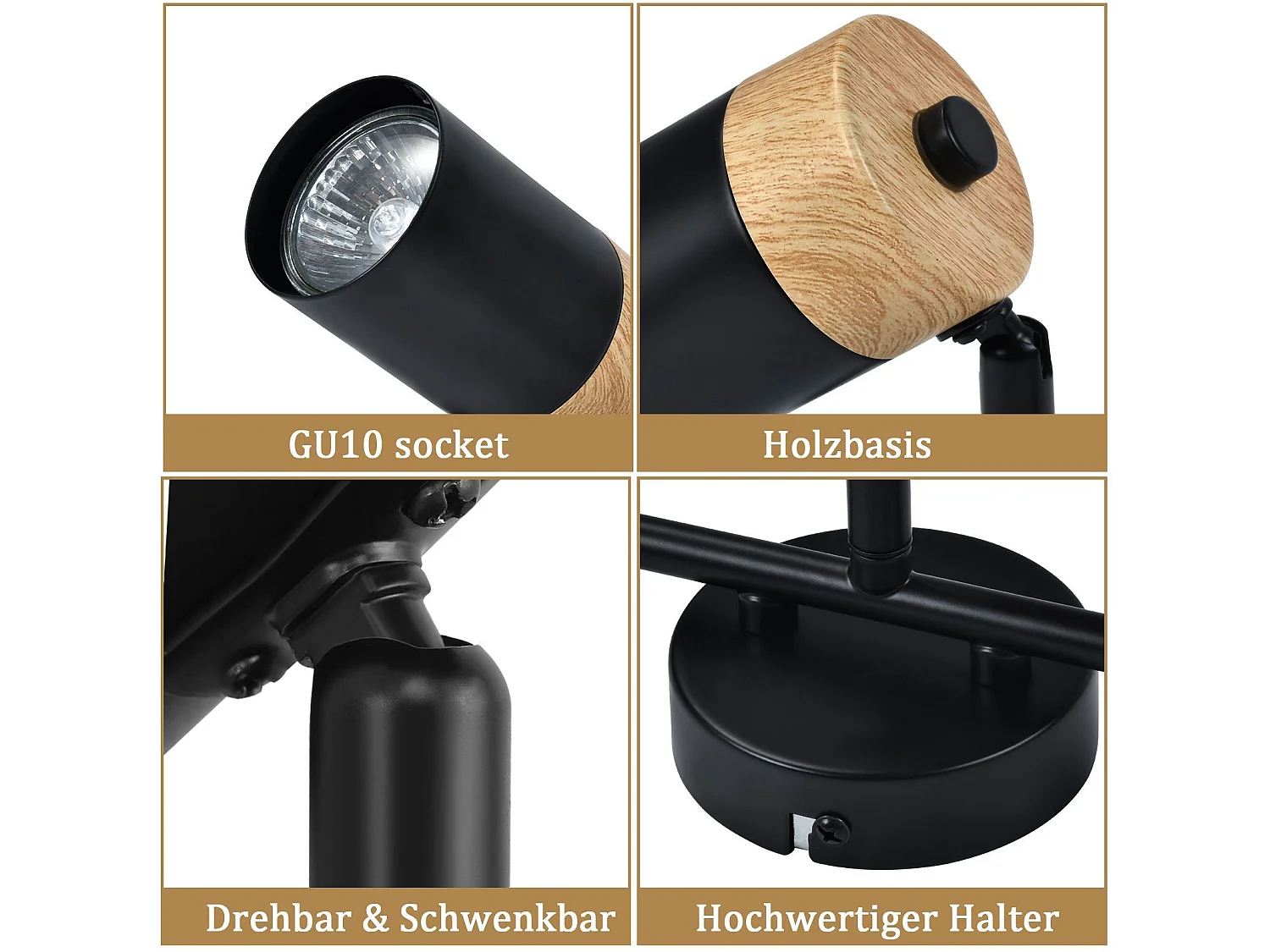 NETTLIFE Plafonnier 3 spots  bois GU10 noir orientable 330° pour salon chambre cuisine chambre d'enfant sans ampoule