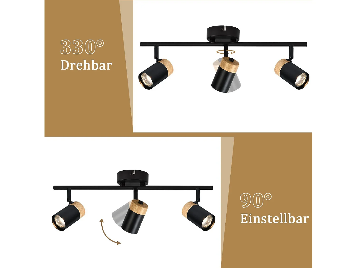 NETTLIFE Plafonnier 3 spots  bois GU10 noir orientable 330° pour salon chambre cuisine chambre d'enfant sans ampoule