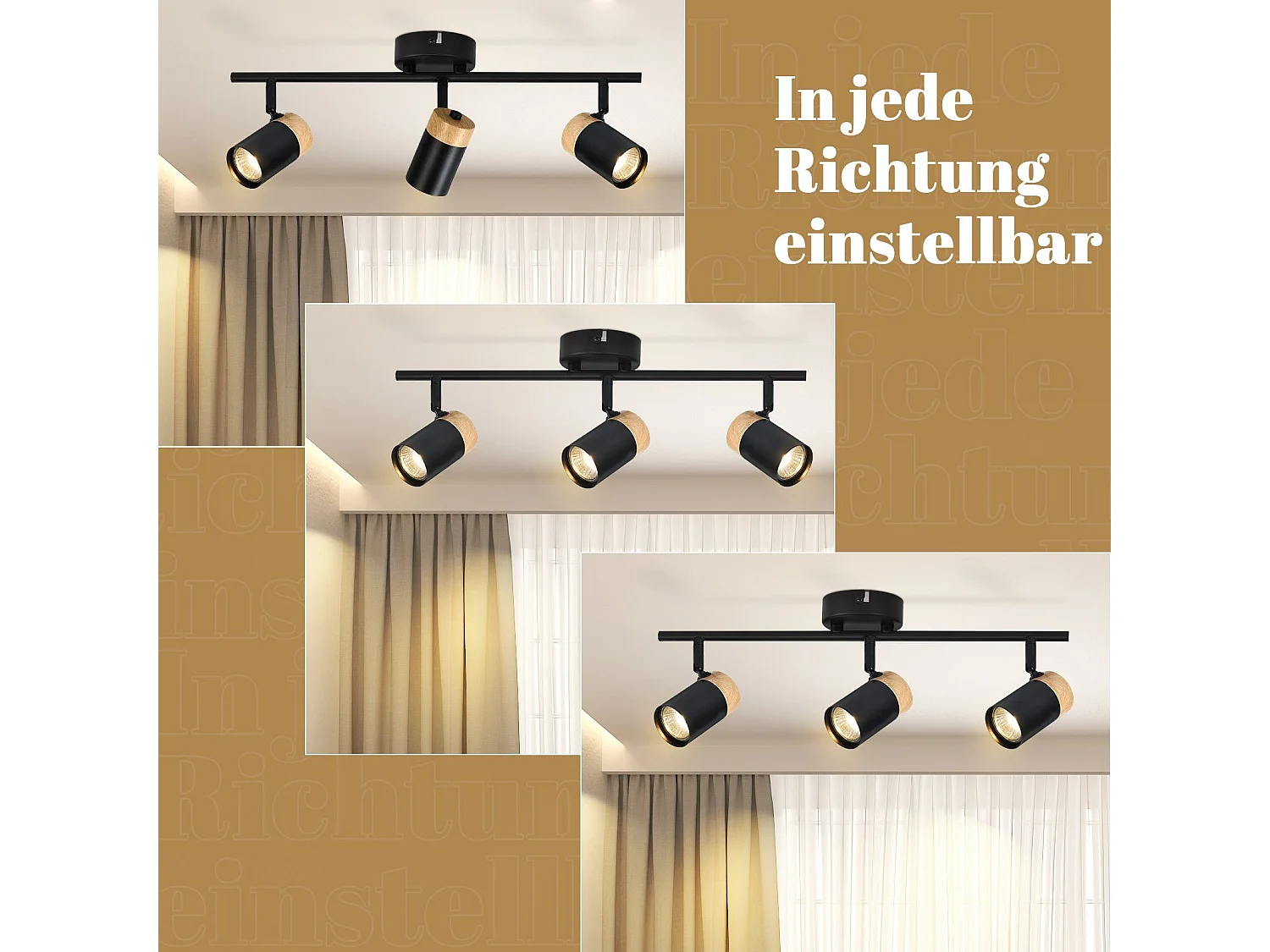 NETTLIFE Plafonnier 3 spots  bois GU10 noir orientable 330° pour salon chambre cuisine chambre d'enfant sans ampoule