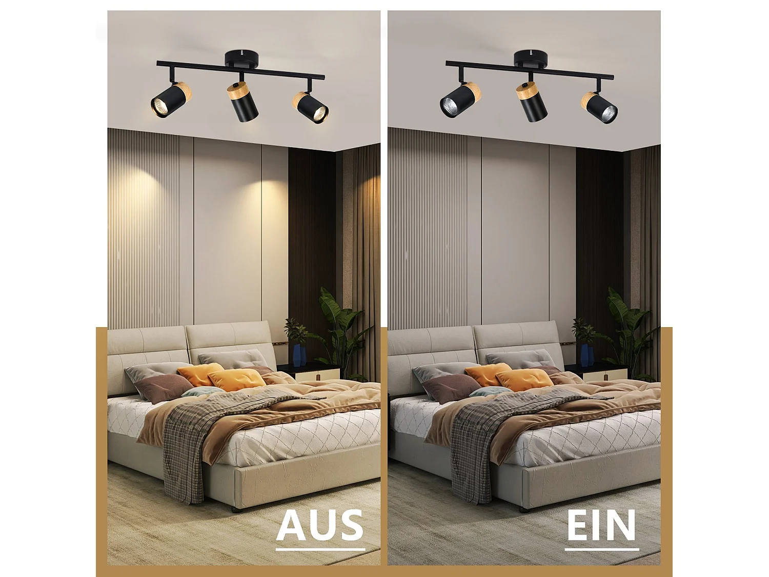 NETTLIFE Plafonnier 3 spots  bois GU10 noir orientable 330° pour salon chambre cuisine chambre d'enfant sans ampoule