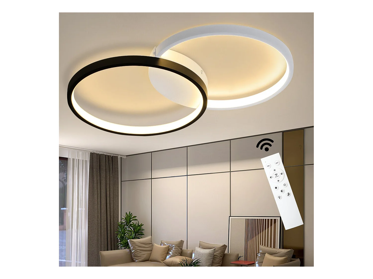 NETTLIFE Plafondlamp LED Zwart en Wit rond 2Lichts Moderne Plafondverlichting Metaal 3000-6000K Dimbaar 45W Woonkamerlamp voor Slaapkamer Keuken Kinderkamer 50cm