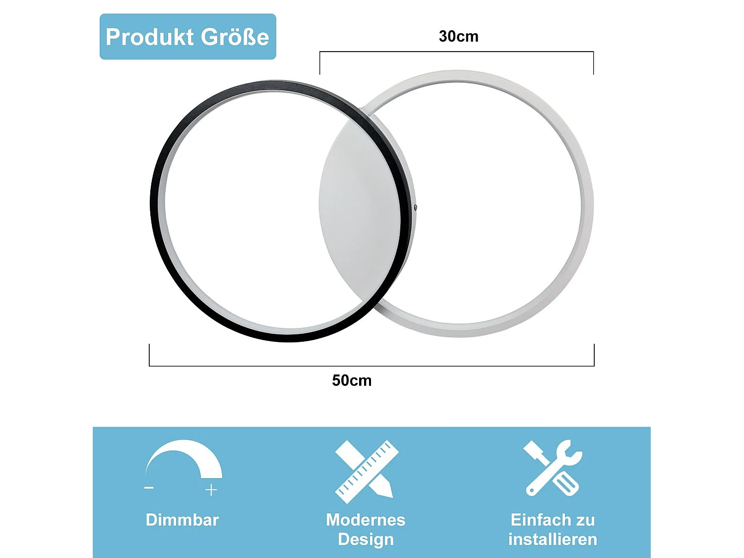 LED Deckenleuchte 45W, 3000K-6000K, 50cm dimmbar schwarz modern mit Fernbedienung Metalldesign